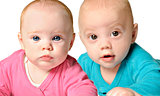 Twin boy and girl on white background