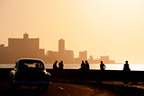 People and skyline of La Habana, Cuba, at sunset