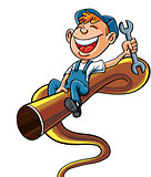 Cartoon plumber riding on a bucking pipe