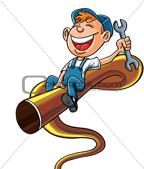 Cartoon plumber riding on a bucking pipe