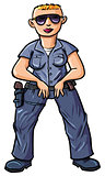 Cartoon policewoman with a blond buss-cut.