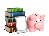 Piggy bank, e-book and books