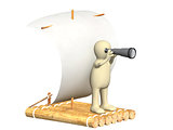 Puppet with spyglass on wooden raft
