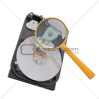 Hard disk under a magnifying glass