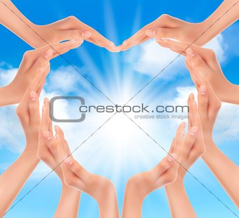 Hands holding the sun. Vector illustration. 