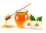 Jar of honey and a dipstick with flower. Vector. 