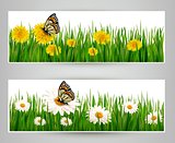 Two banners with butterflies and flowers. Vector. 