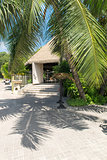 Hotel at tropical beach, La Digue, Seychelles - vacation background