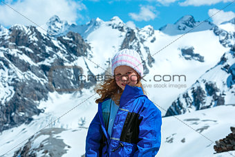 Summer mountain and girl portrait (Stelvio pass, Italy).  