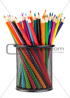 Various color pencils in metal container