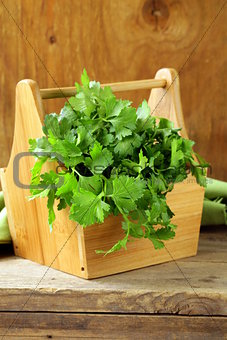 green, organic parsley on wooden table