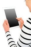 Cropped image of smiling woman using tablet pc