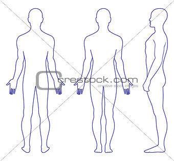 Naked standing man silhouettes (front, side, back)