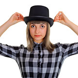 Girl in a black silk hat, isolated on white
