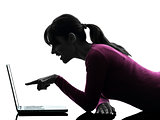woman mouth open pointing computing laptop computer silhouette