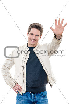 mature handsome man saluting high five