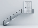 stair with metallic rails and door on a background a white wall