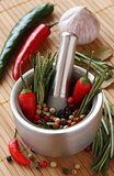 Fresh rosemary herb and red pepper in metal mortar with pestle
