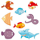 Cartoon fishes doodle icon set