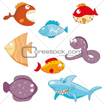 Cartoon fishes doodle icon set