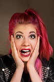Startled Woman with Pink Hair