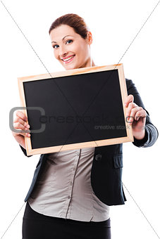 Business woman holding a chalk board