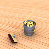 bucket with coins and a mop
