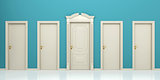 Five doors on a blue background