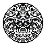 Polish floral embroidery with roosters - monochrome traditional folk pattern