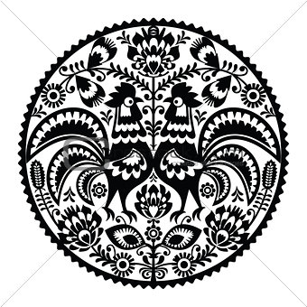 Polish floral embroidery with roosters - monochrome traditional folk pattern
