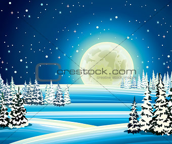 Full moon and snowy forest at night.