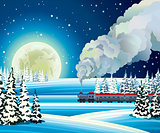 Full moon and train with smoke on a snowdrift background. 