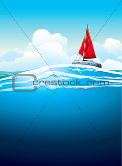 Yacht with red sail and sea waves.