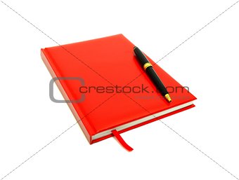 Red diary and pen on a white