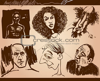 people faces caricature sketch drawings set