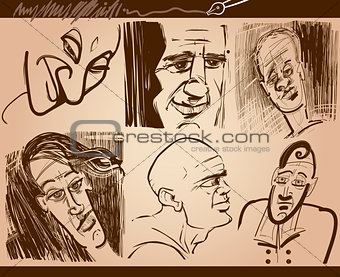 people faces caricature sketch drawings set