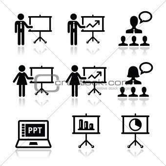 Business presentation, lecture, speech vector icons