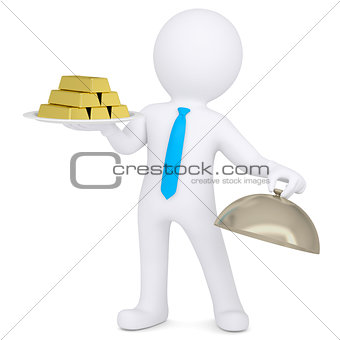 3d white man keeps on a platter of gold bullion