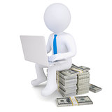 3d man with laptop sitting on a pile of money
