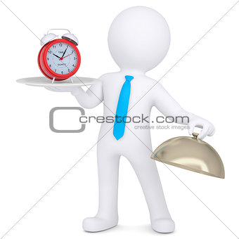 3d man holding red alarm clock on platter