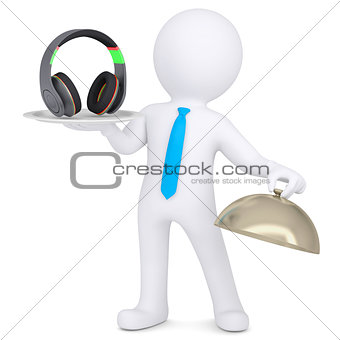 3d man holding headphones on a platter