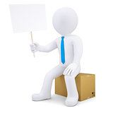 3d man sitting on cardboard box and holding poster