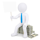 3d white man with placard sitting on pile of money