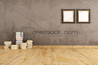 Empty interior with books on a wooden floor