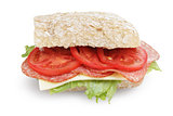 big sandwich with salami cheese tomato and salad leaves on ciabatta bread