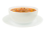 A Bowl of Vegetable Beef Soup on a White Background