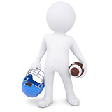 3d white man holding football ball and helmet