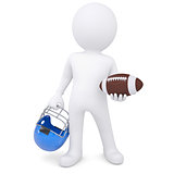 3d white man holding football ball and helmet