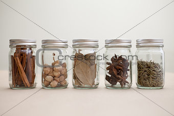 Set of spices in glass bottles