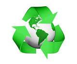 recycle icon is covering a green and white earth